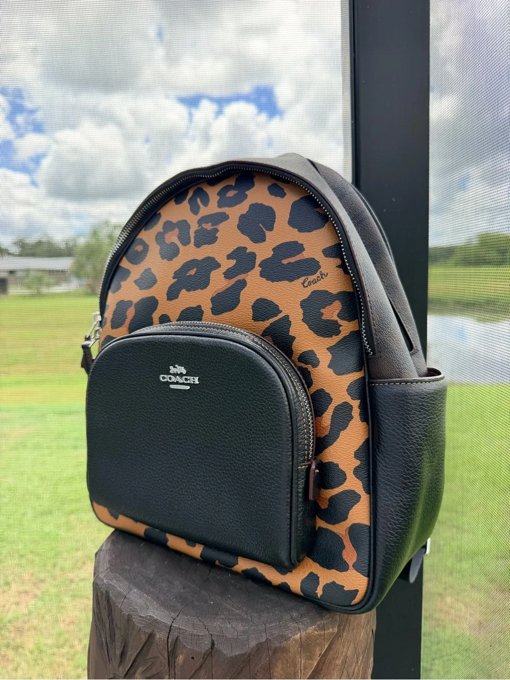 Coach Leopard Print Backpack Black Pebbled Leather Animal Print Rare
